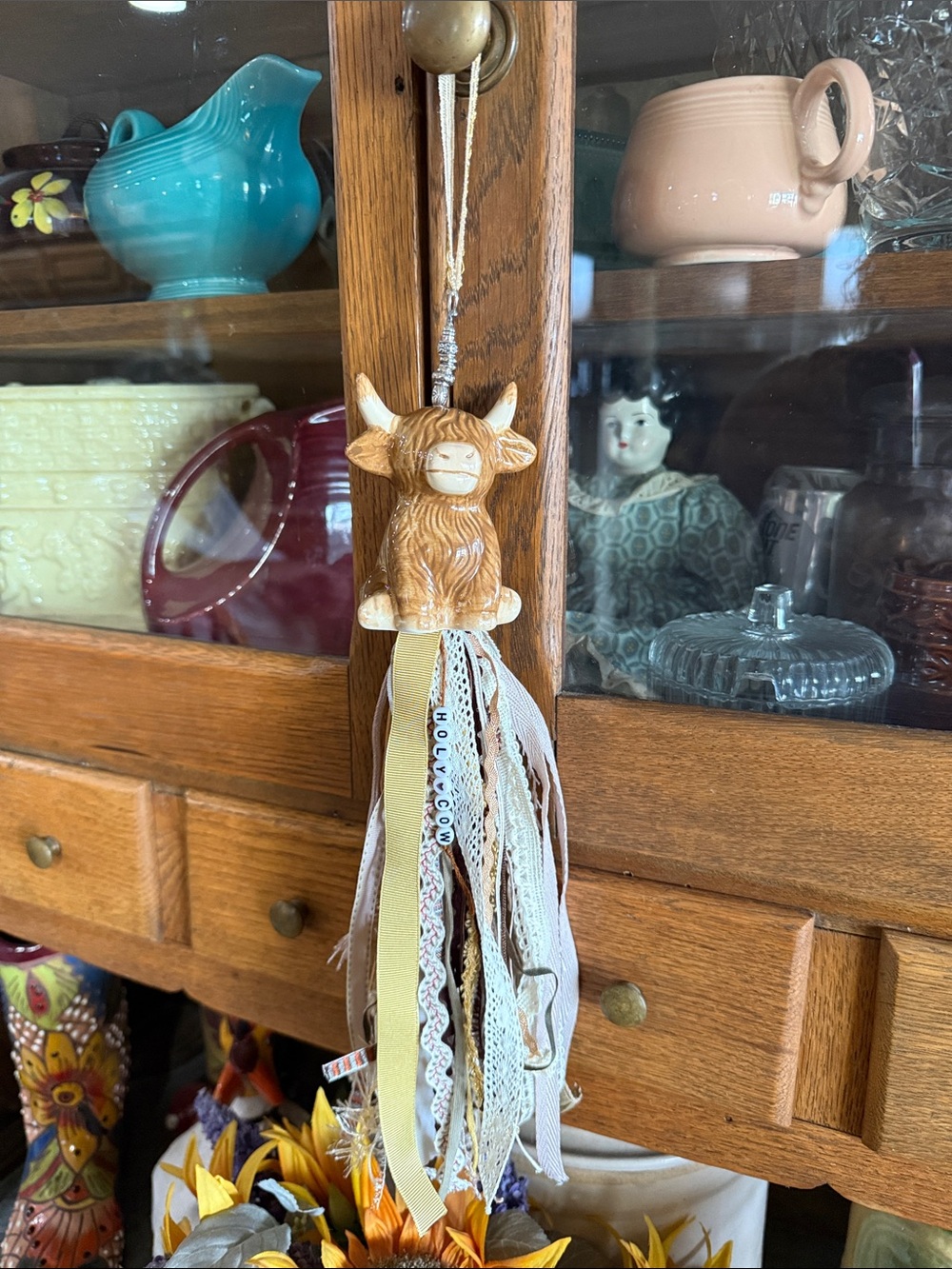 Handmade Rustic Tan Highland Cow Salt Shaker Tassel Hanging Decor